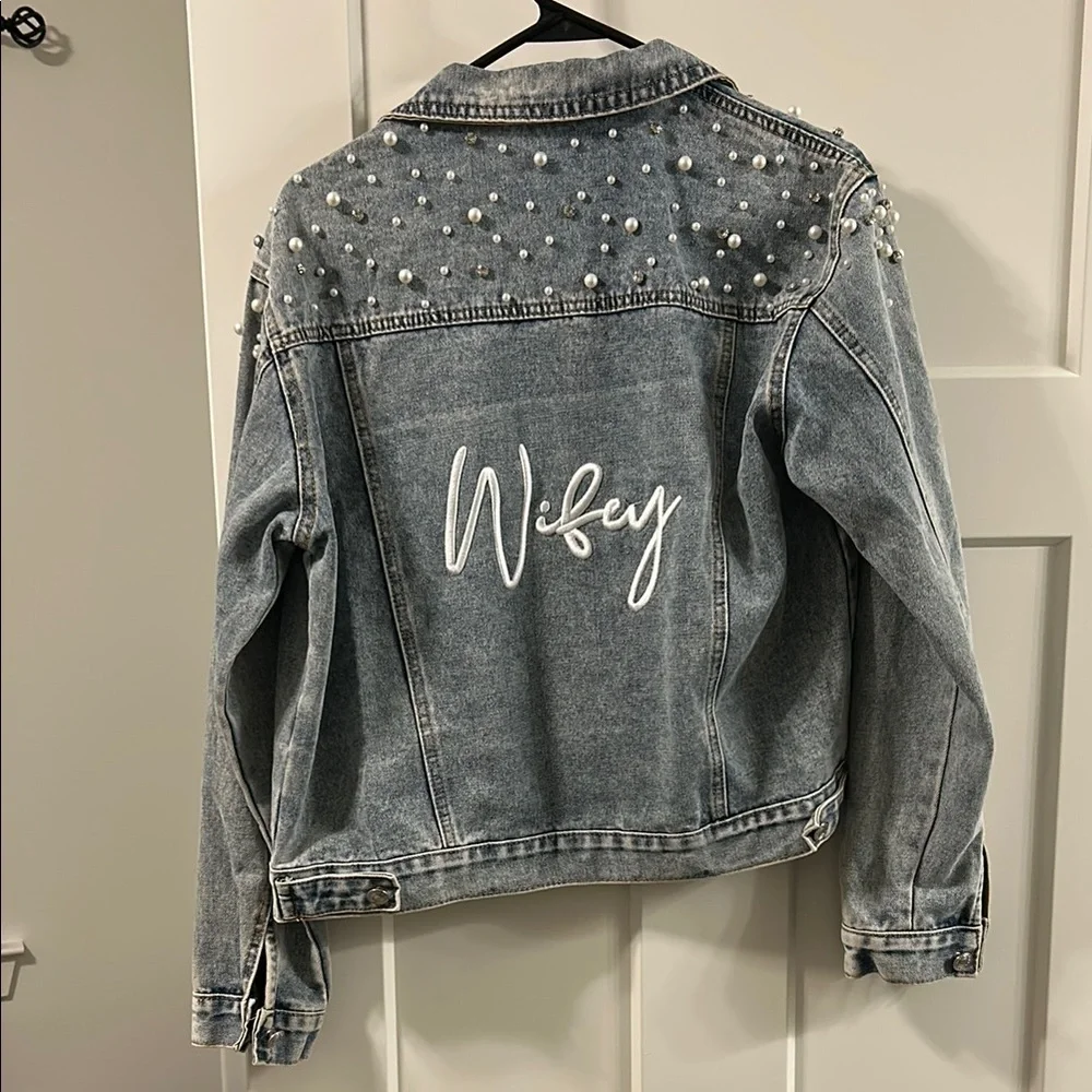 Pearl Studded Denim Jacket with 'Wifey' Embroidery - Picture 4 of 5